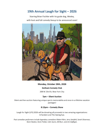 Illustration of a man wearing sunglasses, a hat, and dark clothes, holding the leash of a guide dog. Both are smiling, and the man holds a cane. They are in front of a cityscape and a green street sign reading Cafe in Town..